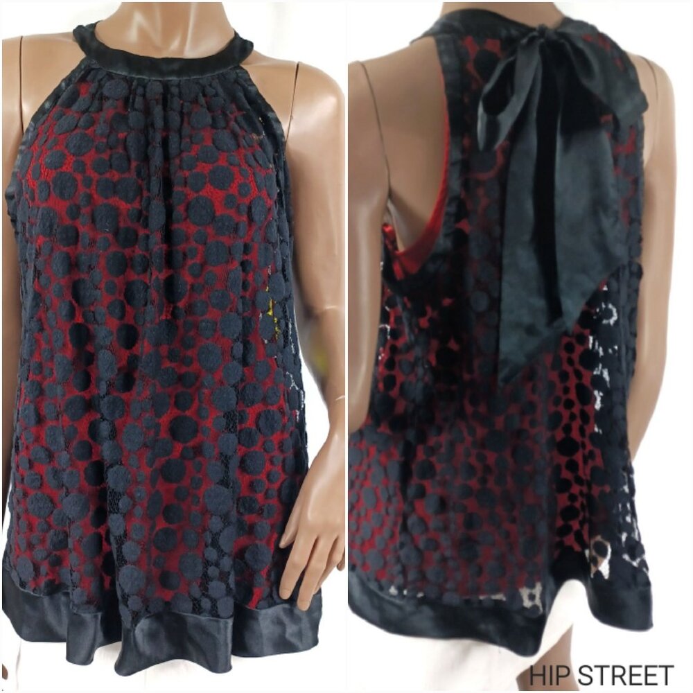 NICOLE MILLER Sleeveless Back Bow Neck Lace & Satin Blouse Tank Top 8